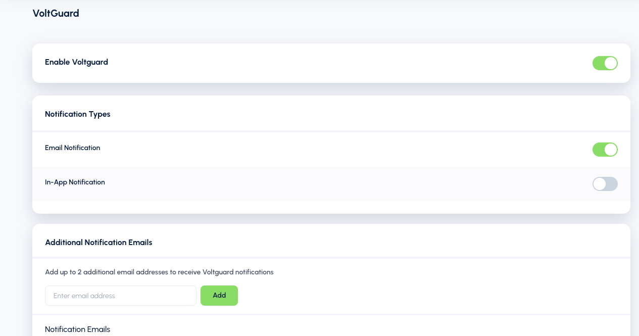 VoltGuard settings panel showing Enable Voltguard, Notification Types, and Additional Notification Emails