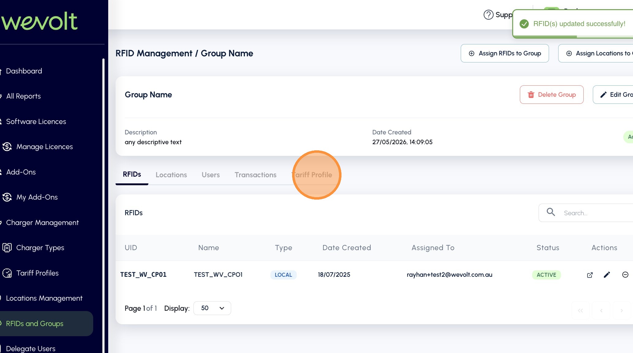 Tariff Profile tab on the group detail page