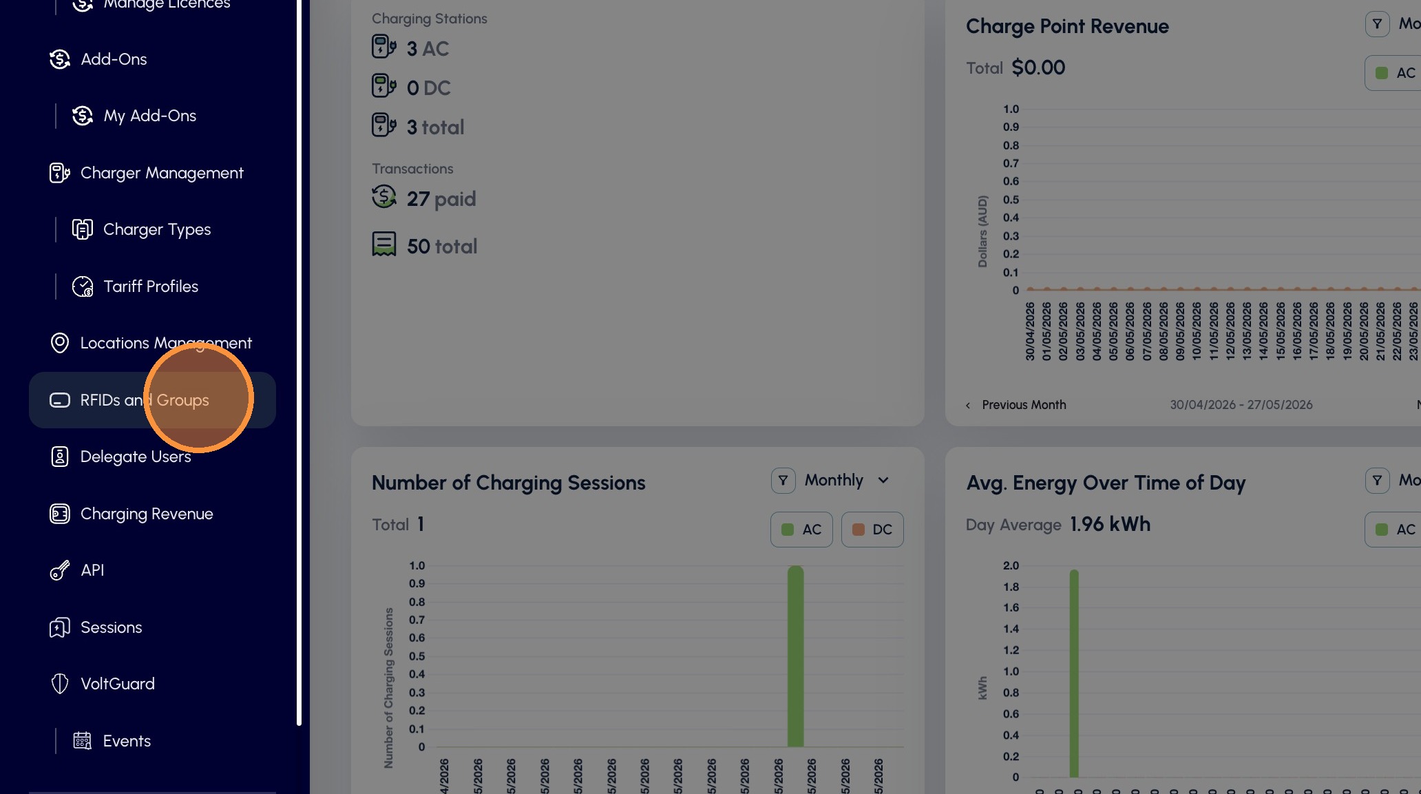 RFIDs and Groups option in the Wevolt Hub sidebar