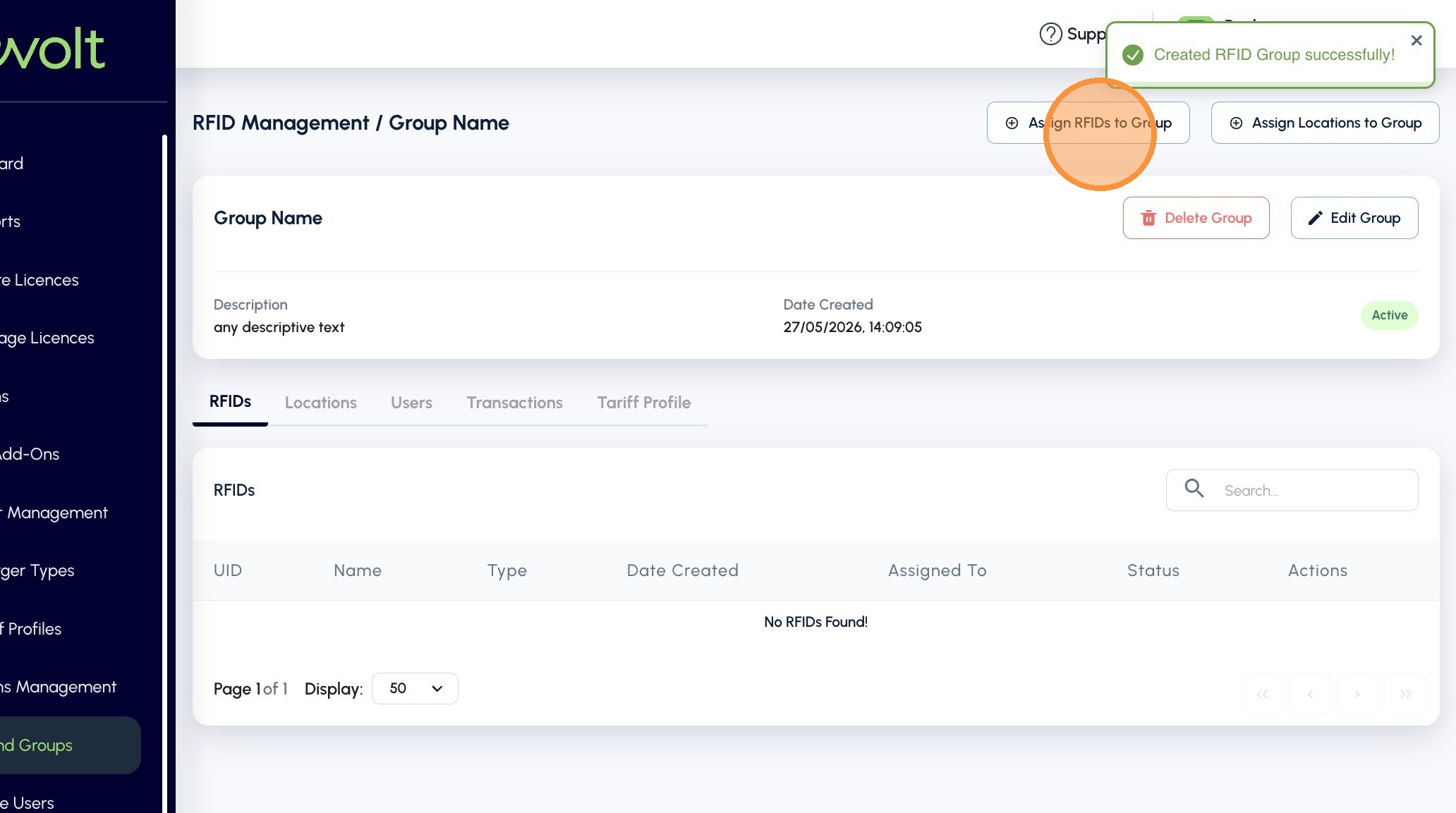 Assign RFIDs to Group button on the group detail page
