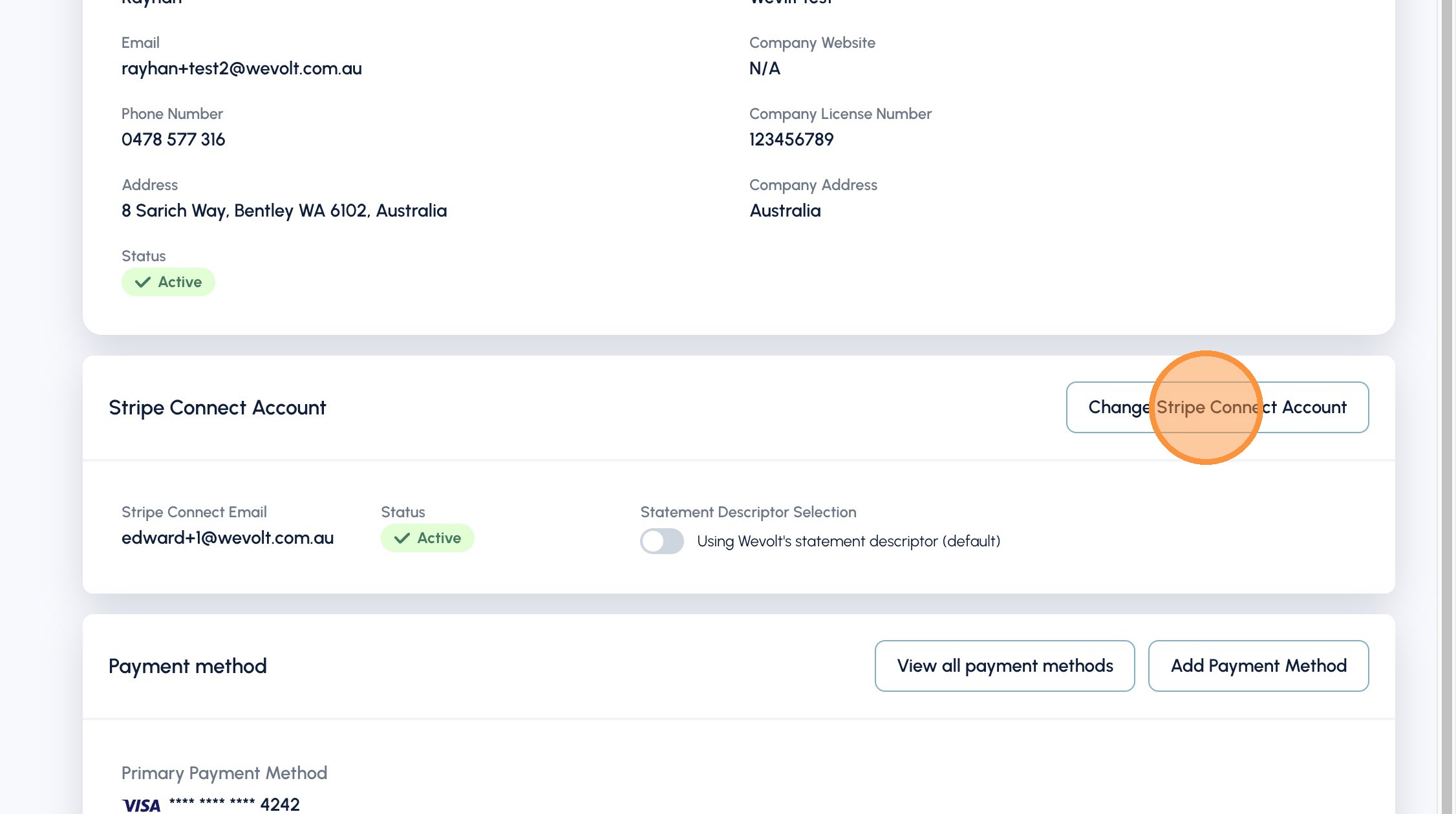 Change Stripe Connect Account button