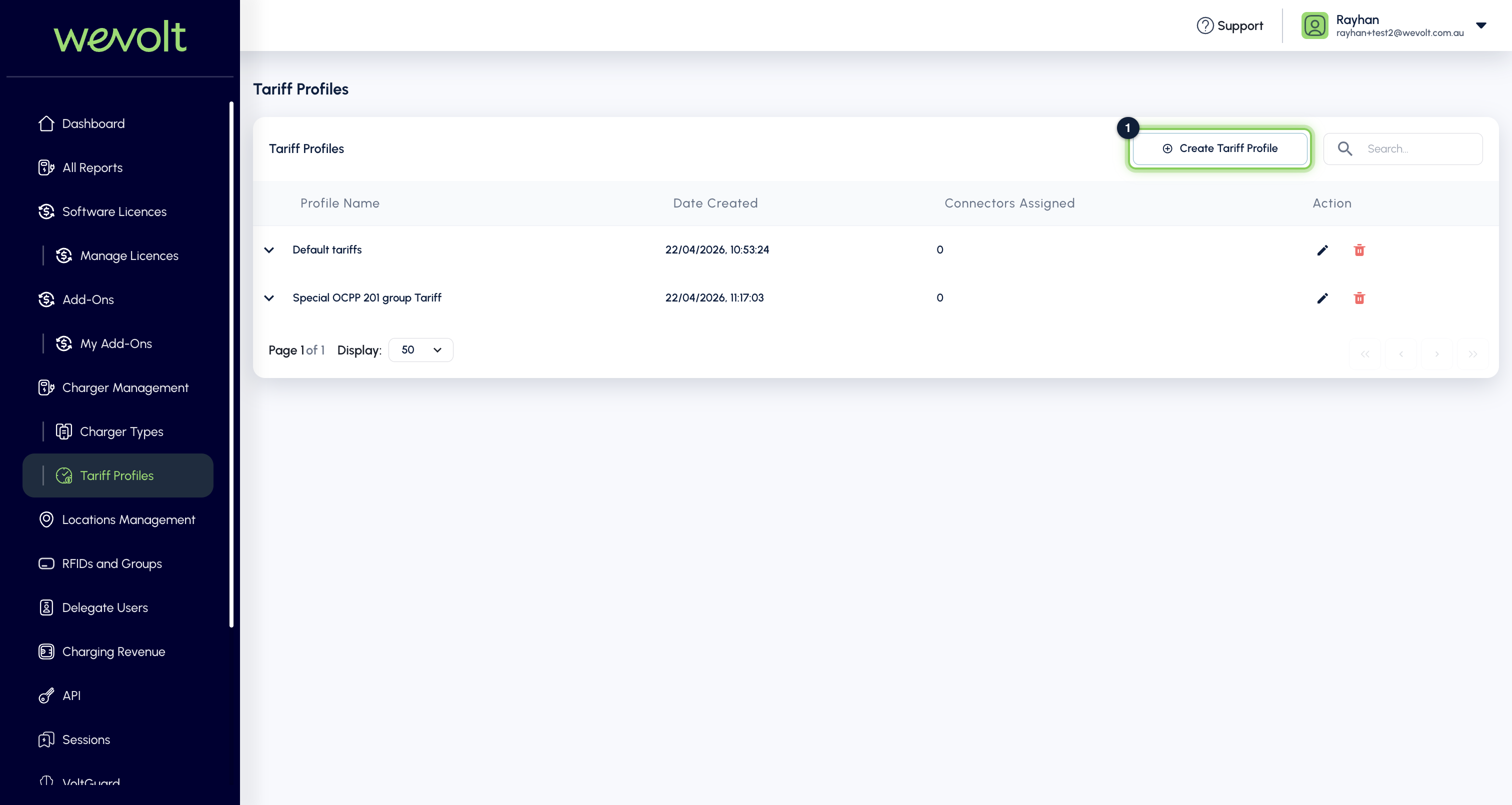 Create Tariff Profile button on the Tariff Profiles page