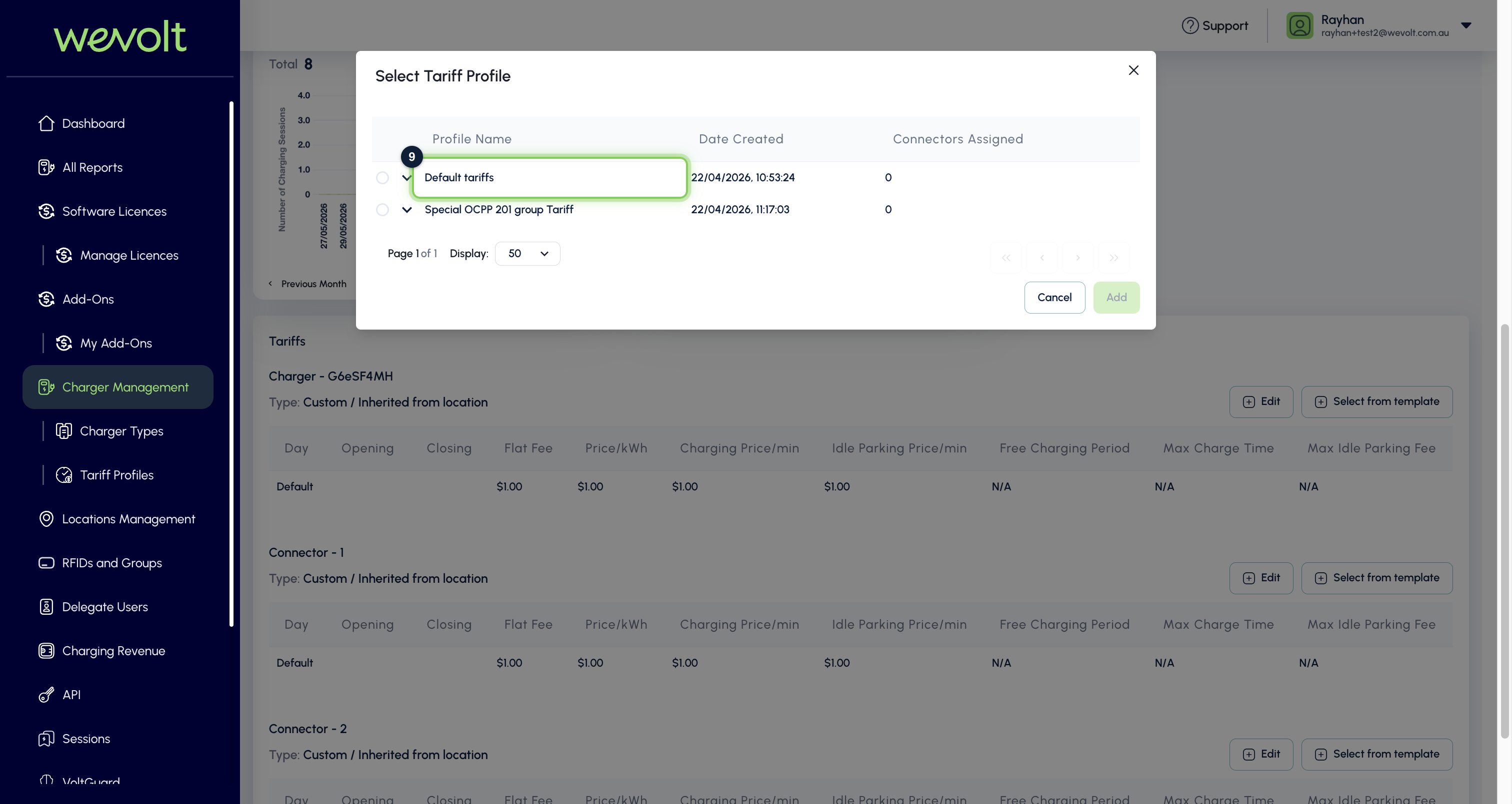 Select Tariff Profile dialog listing saved profiles